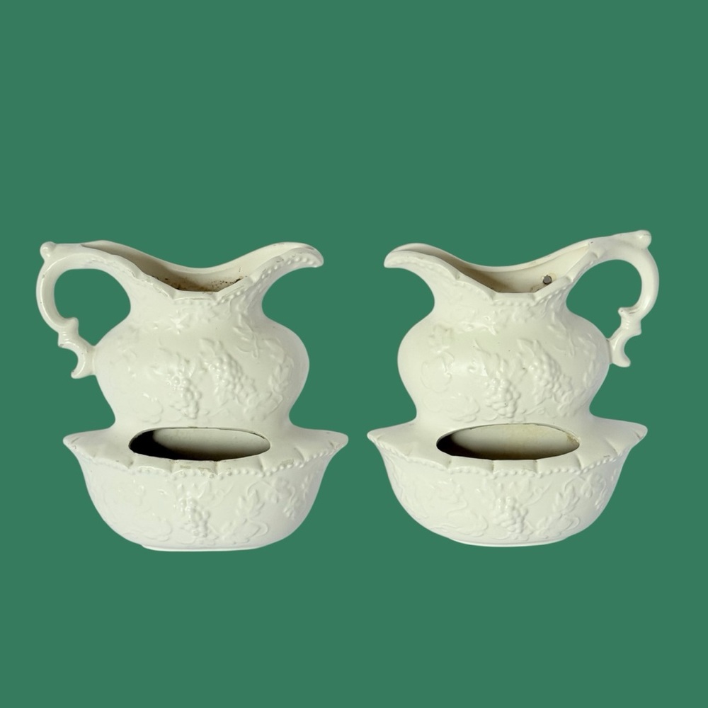 2 VTG Farmhouse Pitcher & Bowl Planters Ceramic Double Wall Pockets Ardco Japan